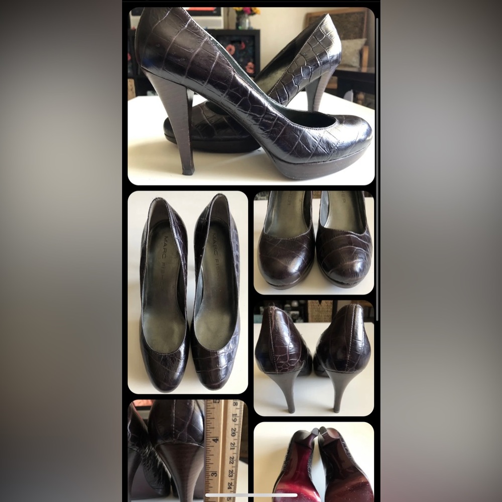 MARC FISHER BROWN DESTINA BROWN PLATFORM Leather ROUND TOE HEELS PUMPS (Sz 7.5)